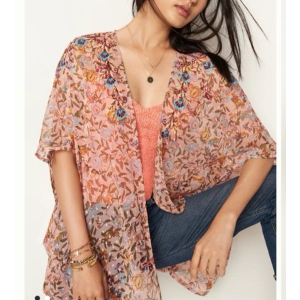 Andersen & Lauth Anthropologie Pink Floral Kimono Beaded Embroidered Boho OS